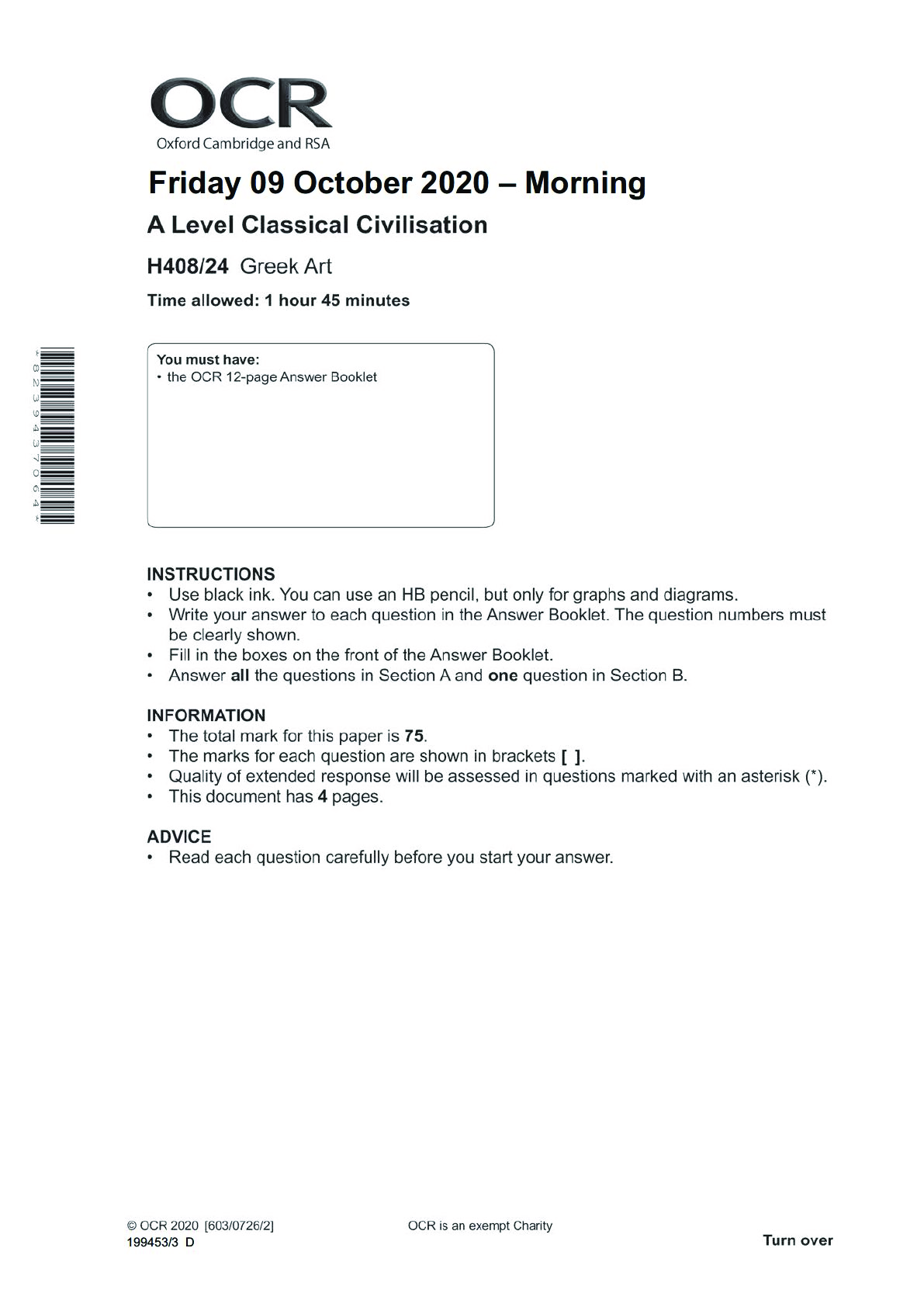 Preview of A Level Classical Civilisation_H408/24 Question Paper Nov 2020 | Greek Art